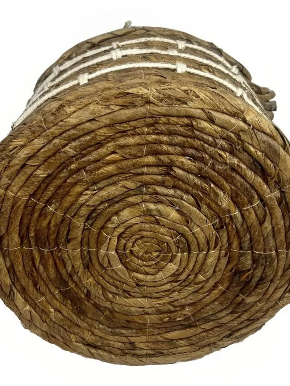 Woven Banana Leaf Coiled Basket 2 Handles- Rustic Boho Planter String Detail